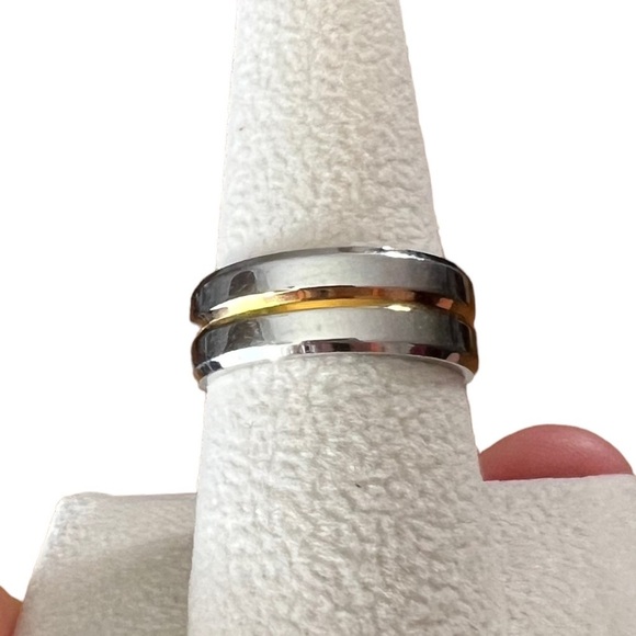 Silver Stainless Steel & Gold Tone Groove Wide Band Ring - Picture 1 of 10
